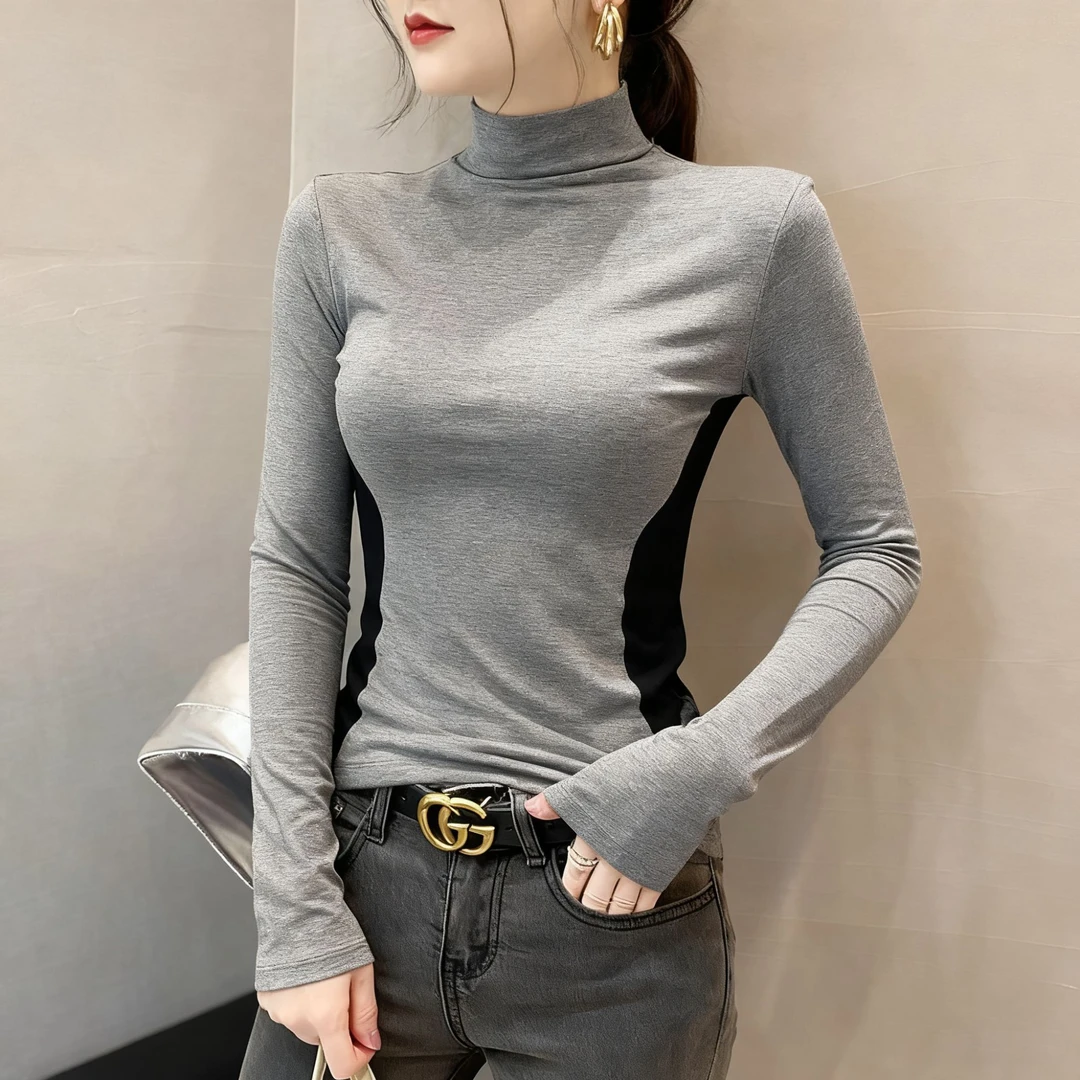 灰色螺纹半高领拼接长袖打底衫女式新款2025秋冬修身上衣百搭显瘦