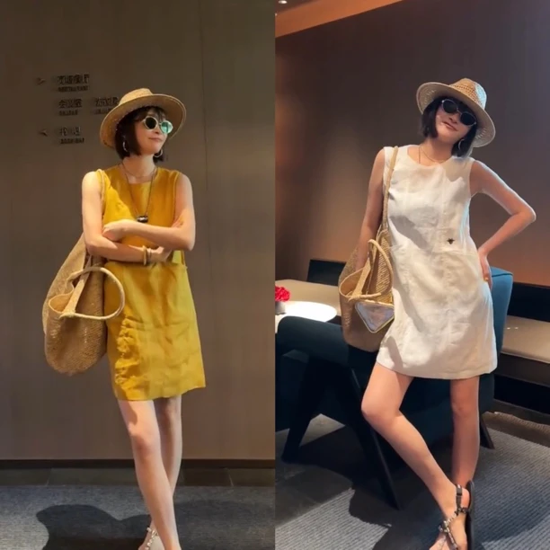 夏季棉麻连衣裙短裙无袖后拉链显瘦新中式气质连衣裙