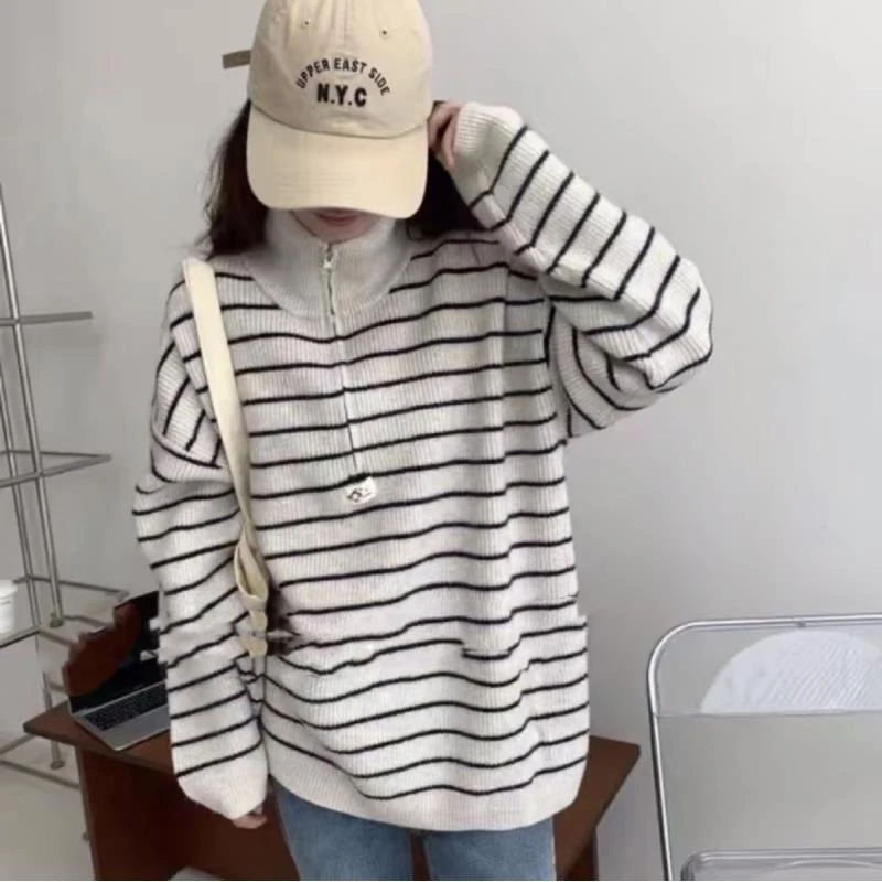 半高领条纹半拉链宽松慵懒分翻领针织衫上衣女Z00361