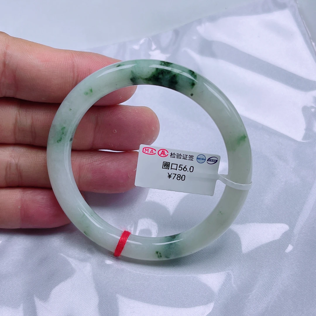 天然缅甸A货翡翠飘花圆条手镯56.0圈口美人镯