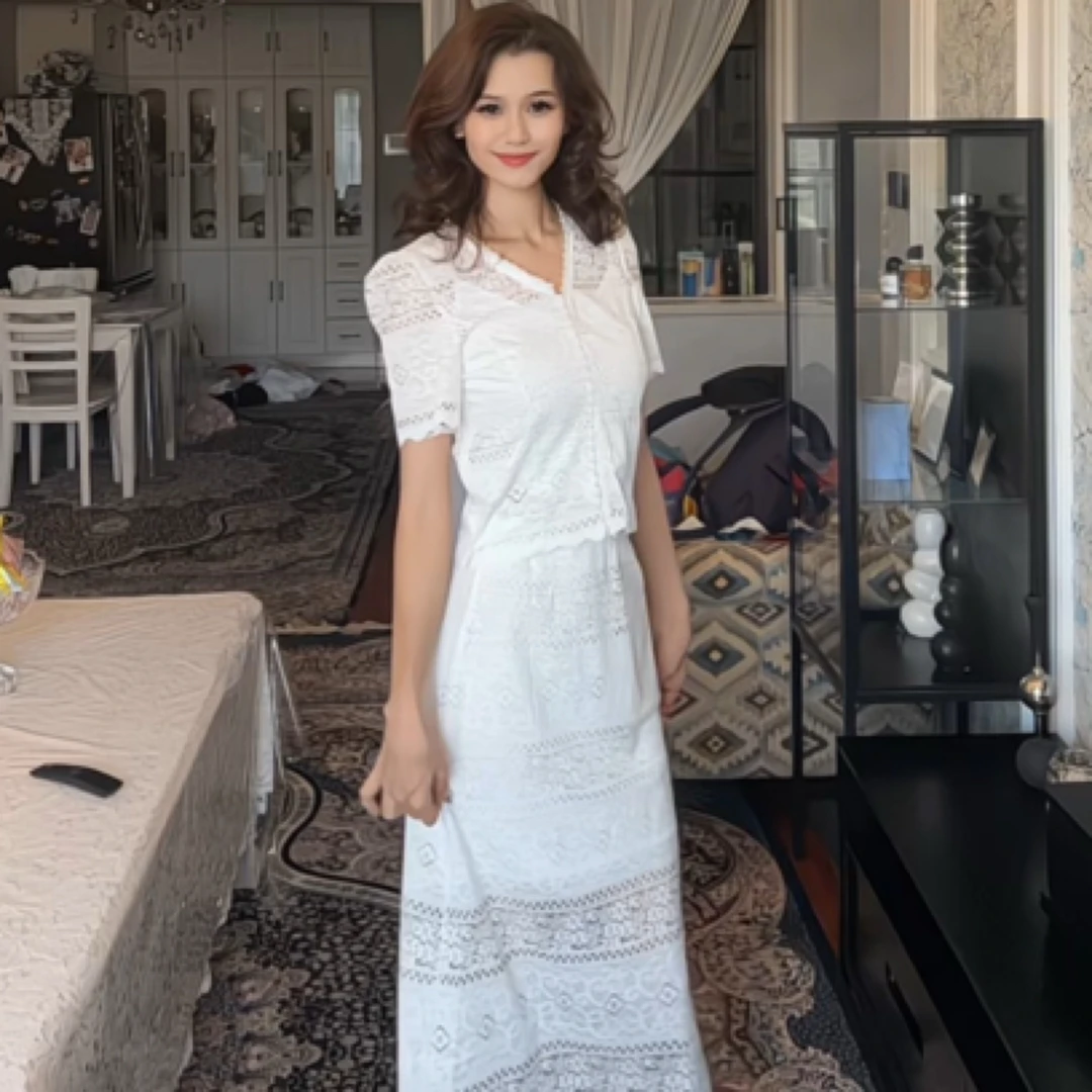 夏季款白色蕾丝珍珠领显瘦三件套套装