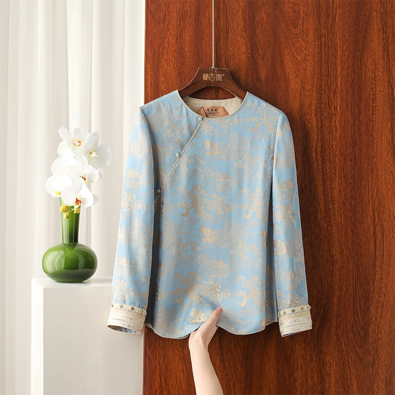 简百图-VV【山岚】新中式碧落蓝圆领重工手袖百搭上衣气质显瘦衬衫