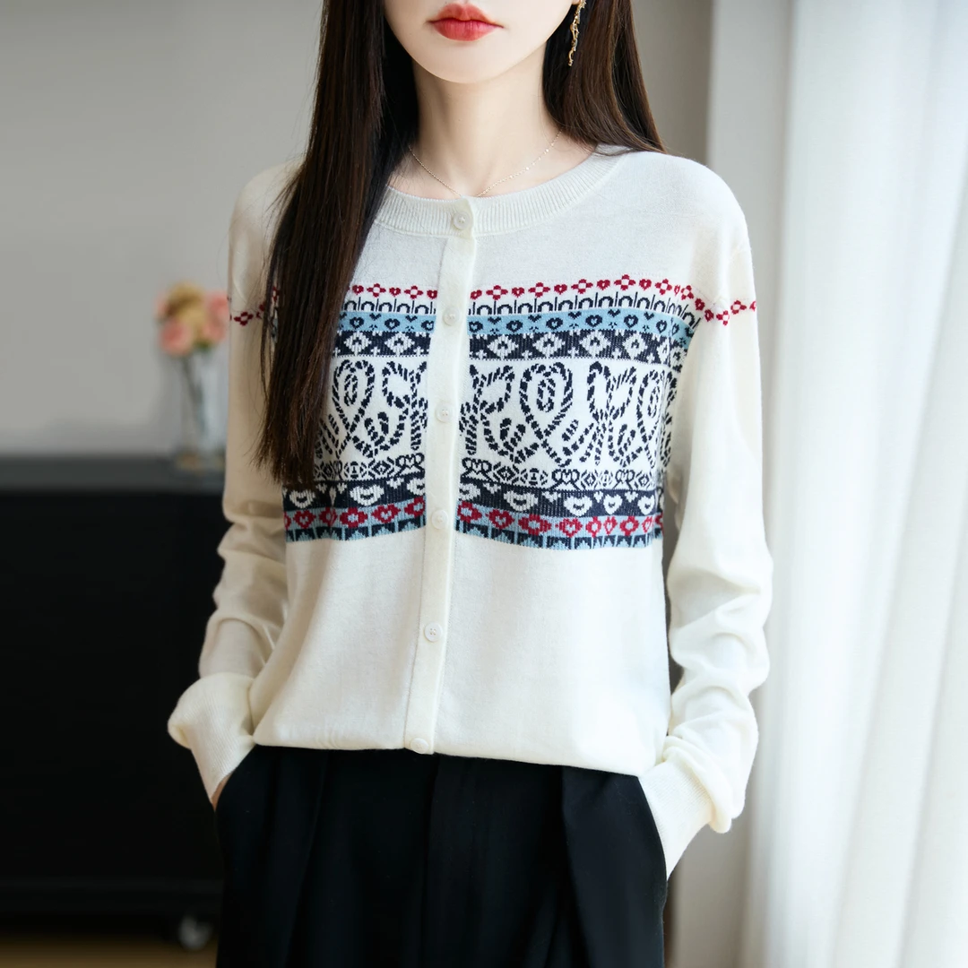 复古民族风提花针织衫女秋冬季新款圆领通勤穿搭显瘦羊毛开衫上衣