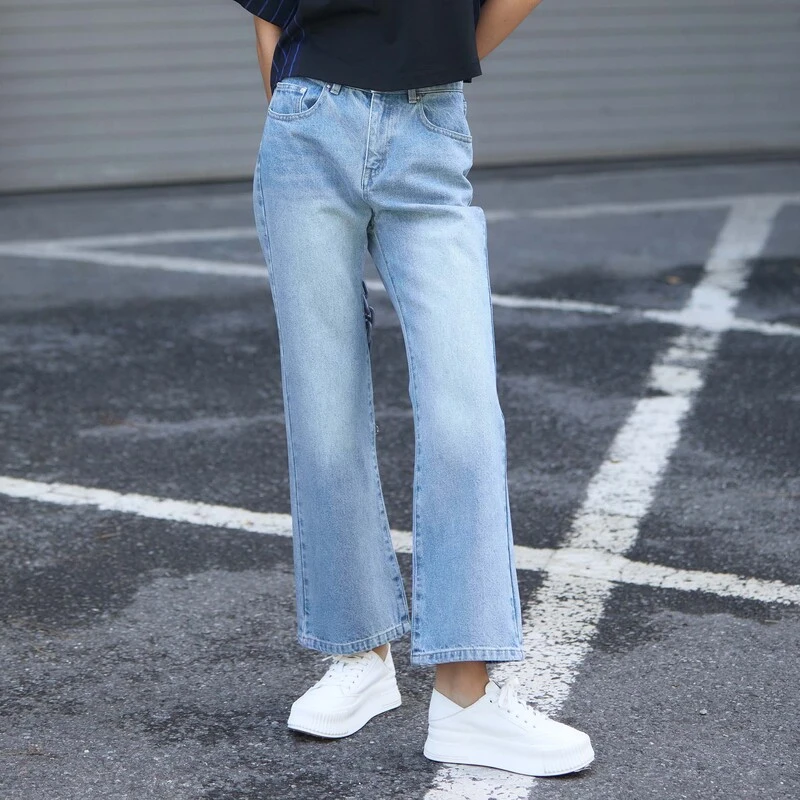 S·DEER圣迪奥时尚休闲复古高腰阔腿水洗棉宽松牛仔裤S24260803