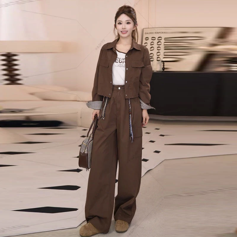 拉夏贝尔休闲时尚套装秋季新款洋气短外套工装阔腿裤运动两件套