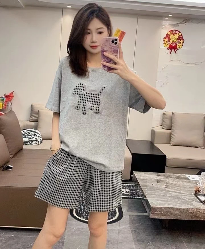 可外穿夏季女士纯棉睡衣短袖短裤套装(小马格子灰色) MJL