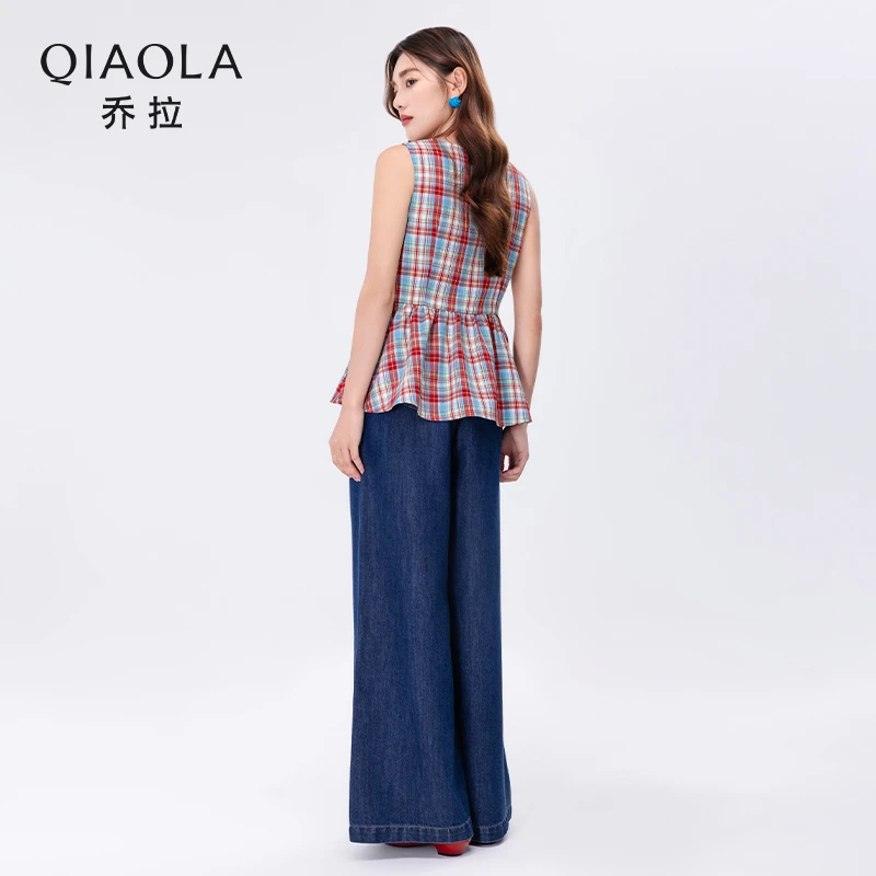 QIAOLA/乔拉【青春方盒】夏季新款格纹上衣牛仔阔腿裤时尚套装预售