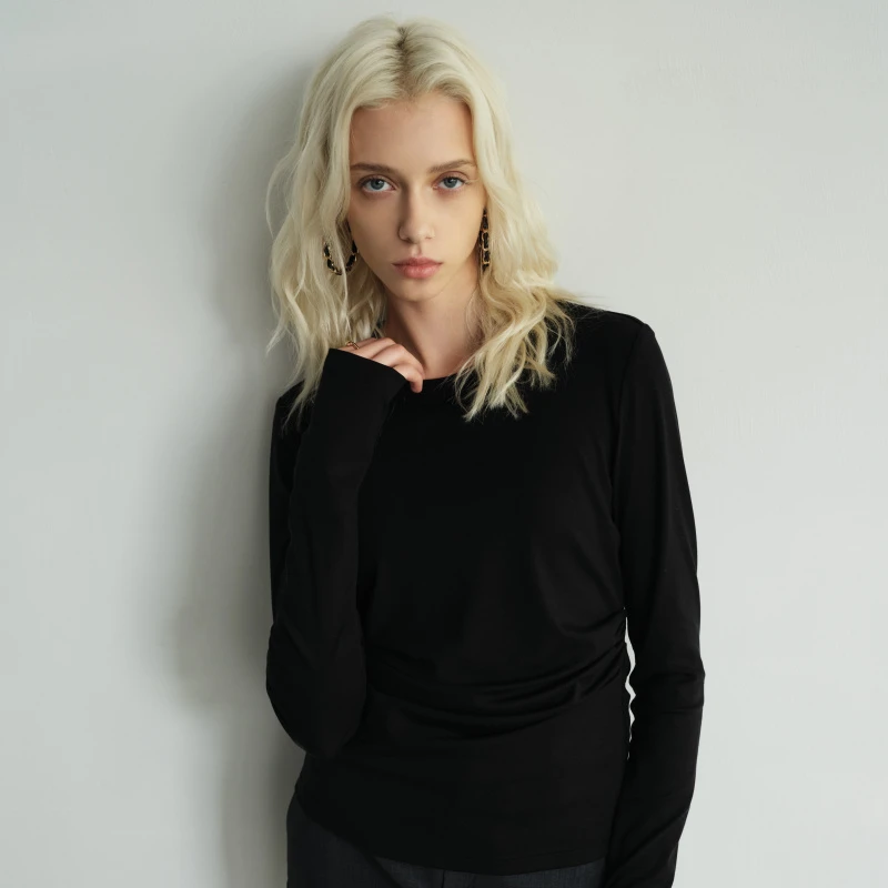 【气质褶皱收腰款】INJOYLIFE莱赛尔长袖修身针织上衣女内搭打底衫