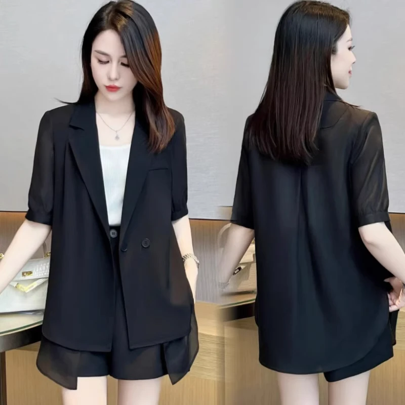 高级感薄款时尚西服套装女短袖小西装2025夏季新款冰丝短裤两件套