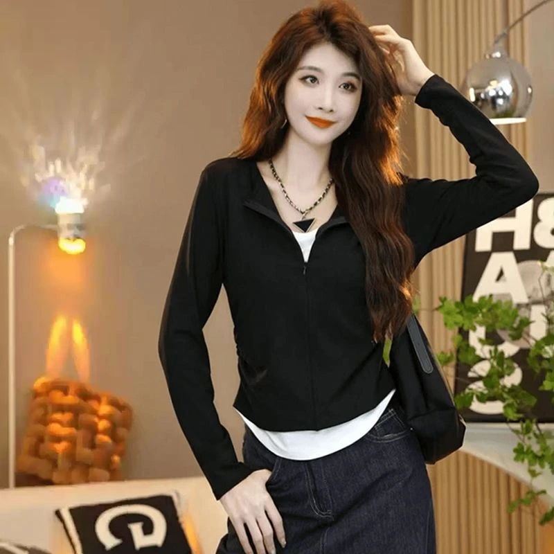 T恤宽松型透气长袖V领百搭打底短款春季韩版显瘦洋气春秋连帽