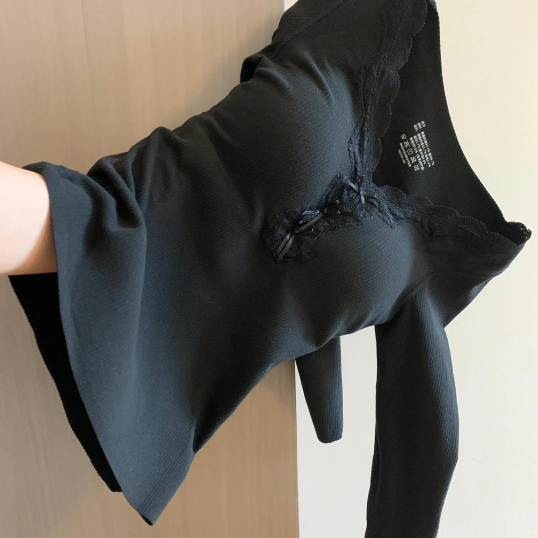 纯欲蕾丝肌底衣带胸垫保暖内衣女秋冬蝴蝶结美肤衣打底衫秋衣外穿