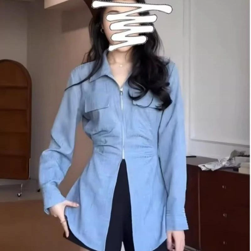 大尺码胖mm褶皱拉炼 炼 polo领长袖衬衫女2025年春季设计感收腰显