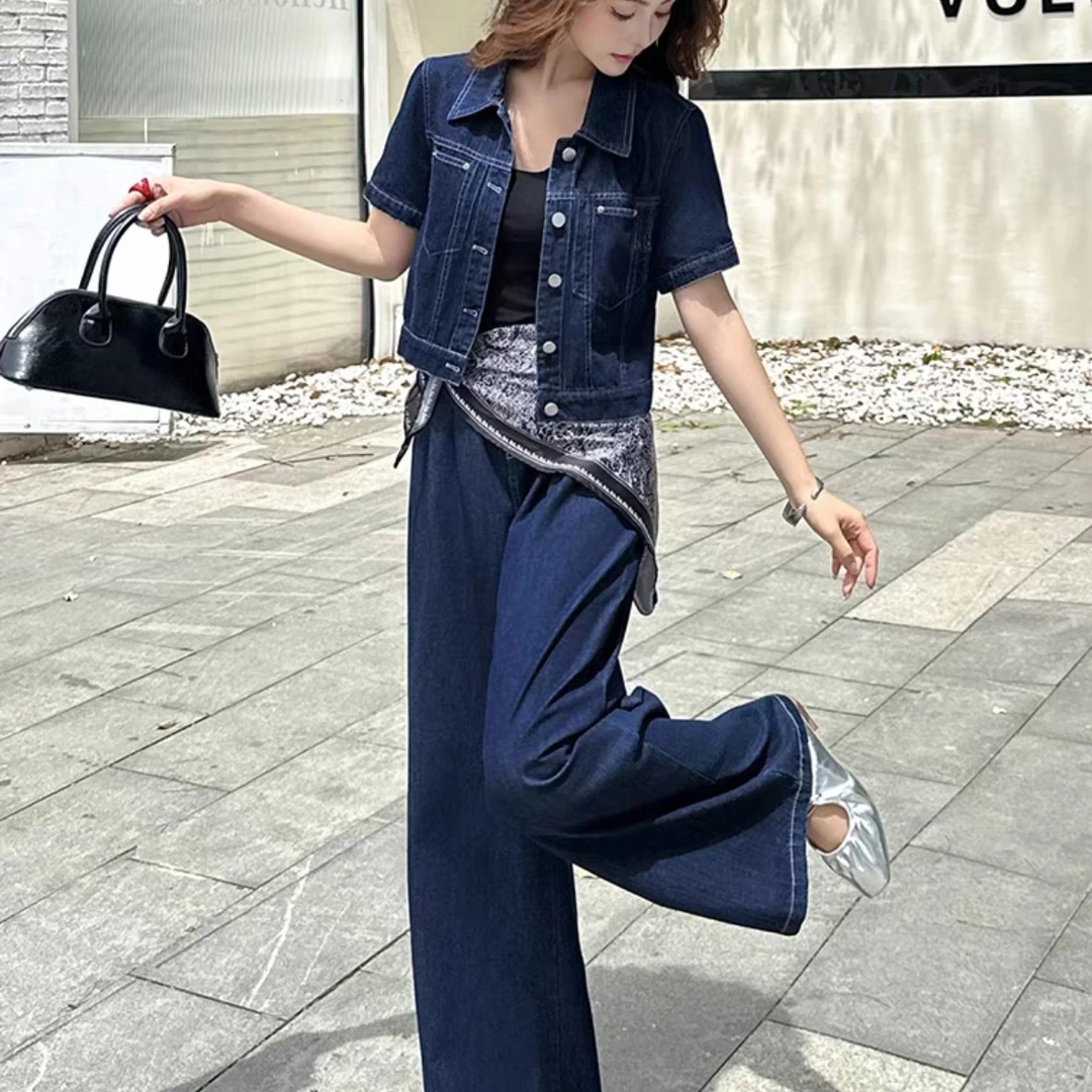 8002牛仔套装2025新款夏季薄款流行一整套穿搭阔腿裤两件套时尚