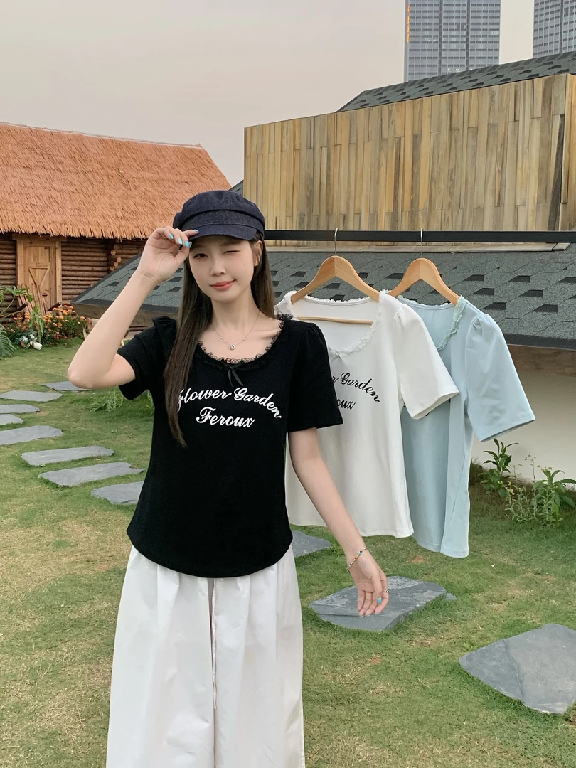 清2025夏新款大码女装蝴蝶结蕾丝边短袖T恤收腰修身显瘦上衣64125