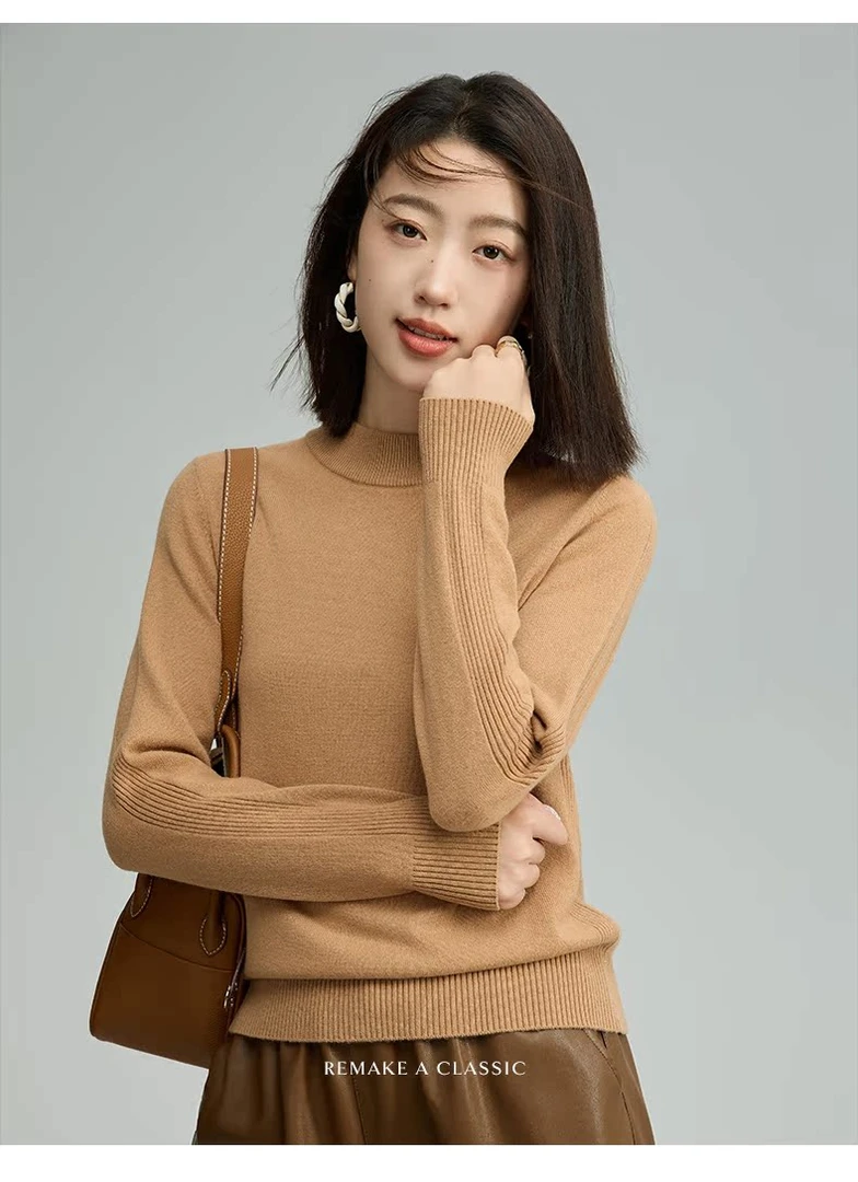 100%全绵羊毛厚款女士秋冬羊毛衫纯色半高领圆领百搭时尚网红时尚