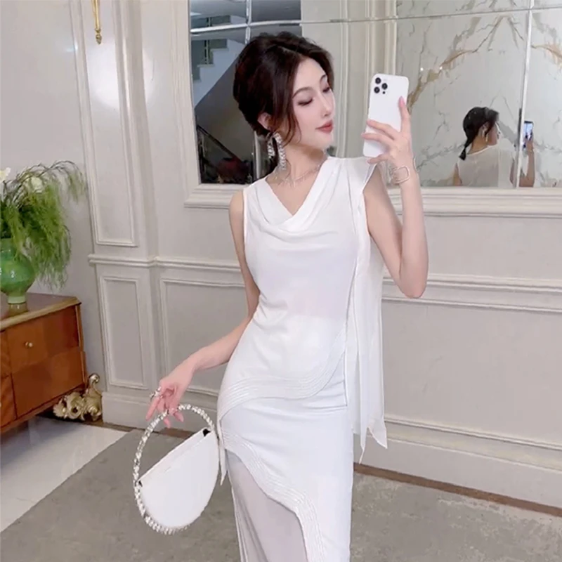 飘带设计雪纺无袖上衣女亮片氛围感背心别致收腰显瘦MLXL