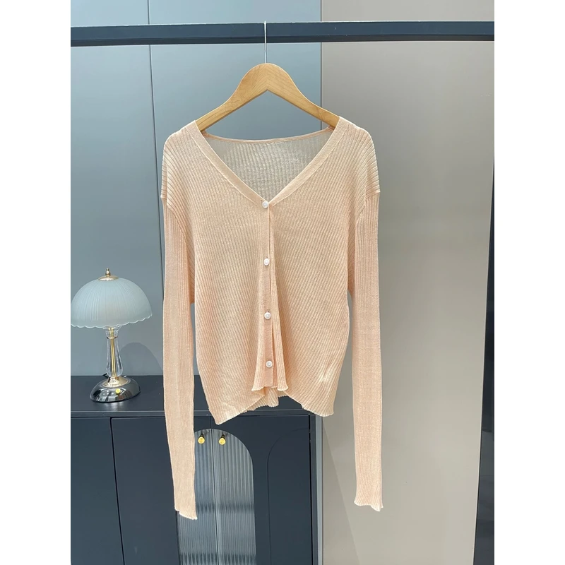 韩系V领针织防晒开衫女夏季薄款外搭短款外套空调衫
