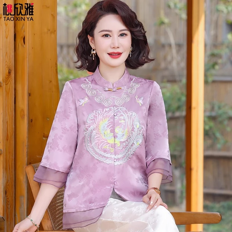 新中式国风刺绣衬衫妈妈装2025春夏新款中老年女装夏季七分袖上衣