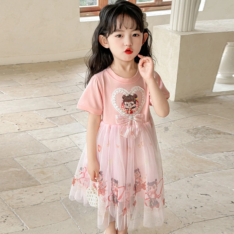 女童连衣裙夏季2025新款哪吒裙儿童短袖裙中小童小女孩网纱公主裙
