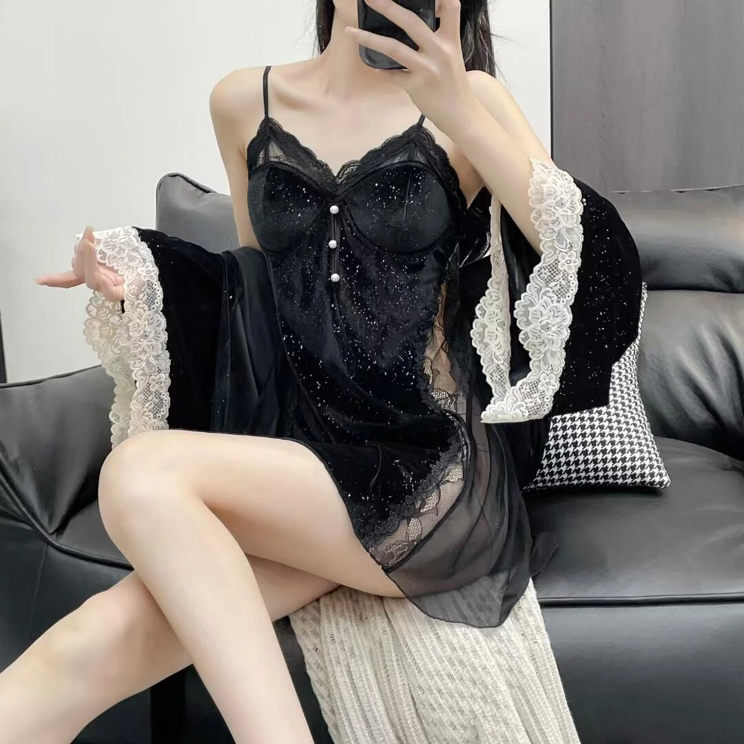 春秋季新款睡衣冰丝薄款纯欲风带胸垫吊带睡裙家居服纯欲冰丝睡衣