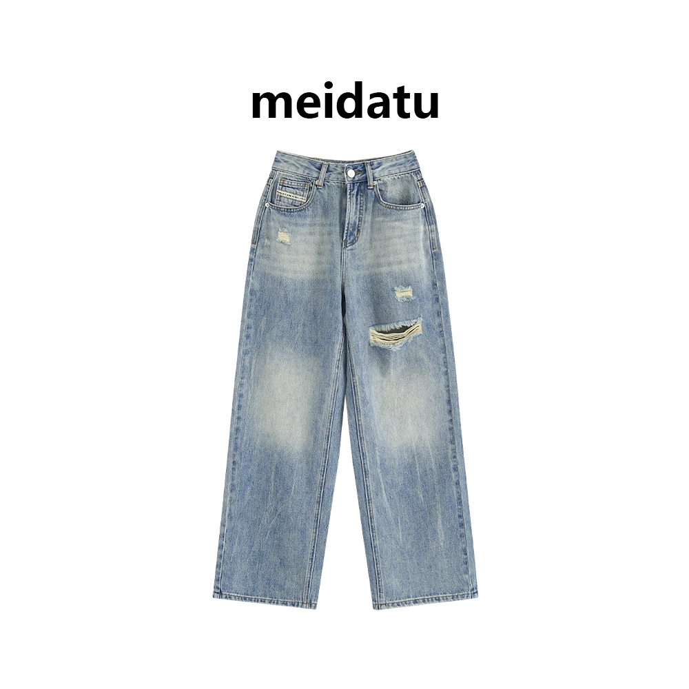 美哒兔（破格线头）复古破洞工艺设计阔腿牛仔裤（高个子版）CZ262-QG
