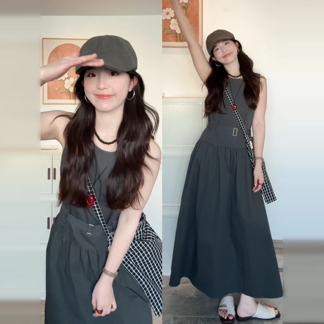 4081法式气质黑色无袖背心连衣裙女夏新款小个子设计感小众长裙子