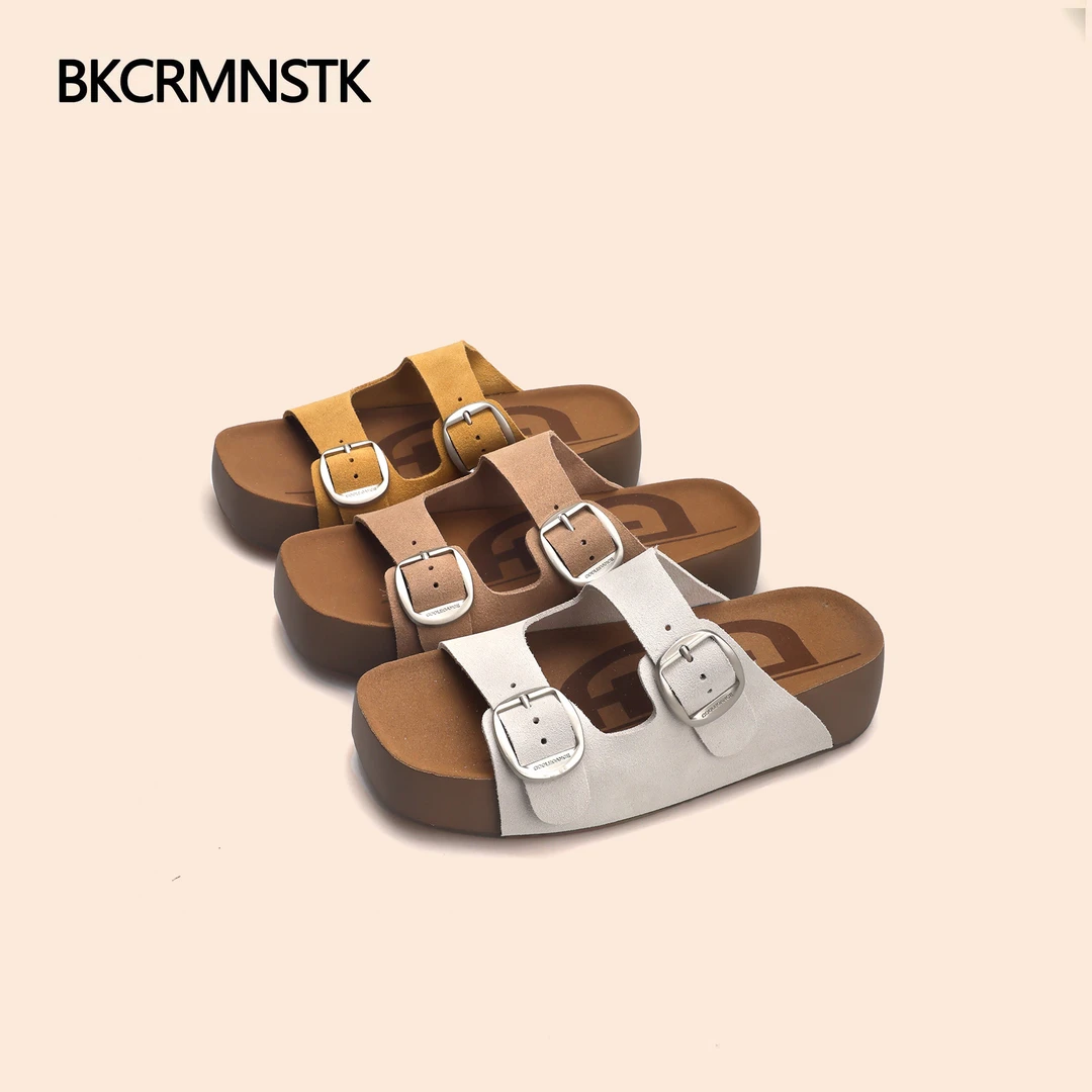 2025款真皮双扣带吐司勃肯厚底懒人一脚蹬凉拖鞋