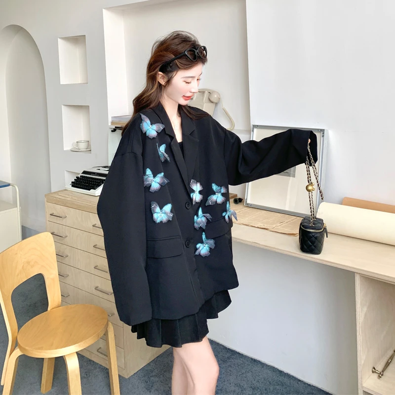 氛围感蝴蝶西装外套女2025春秋新款高级感韩系穿搭黑色阔版西服潮
