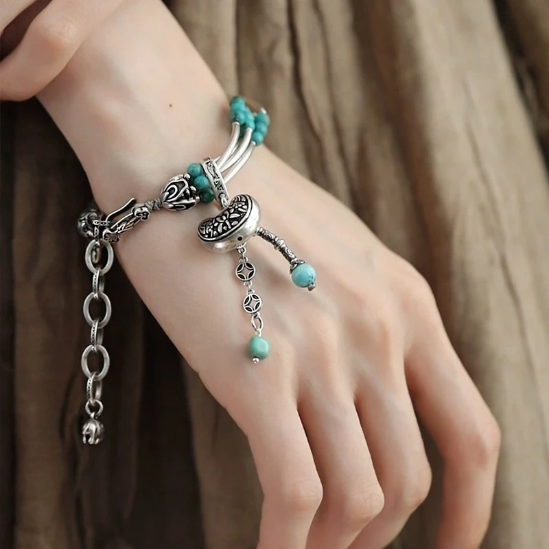 925银手链 S10153莲花如意锁大象招米绿珠弯管多层手链百搭民族风