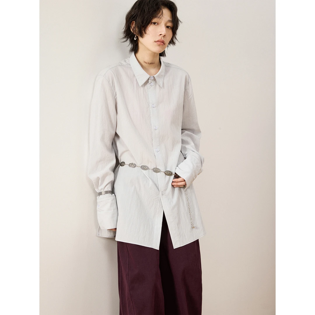 sameuoo「白」基础长款内搭白色气质打底长袖时尚百搭小众纯色衬衫