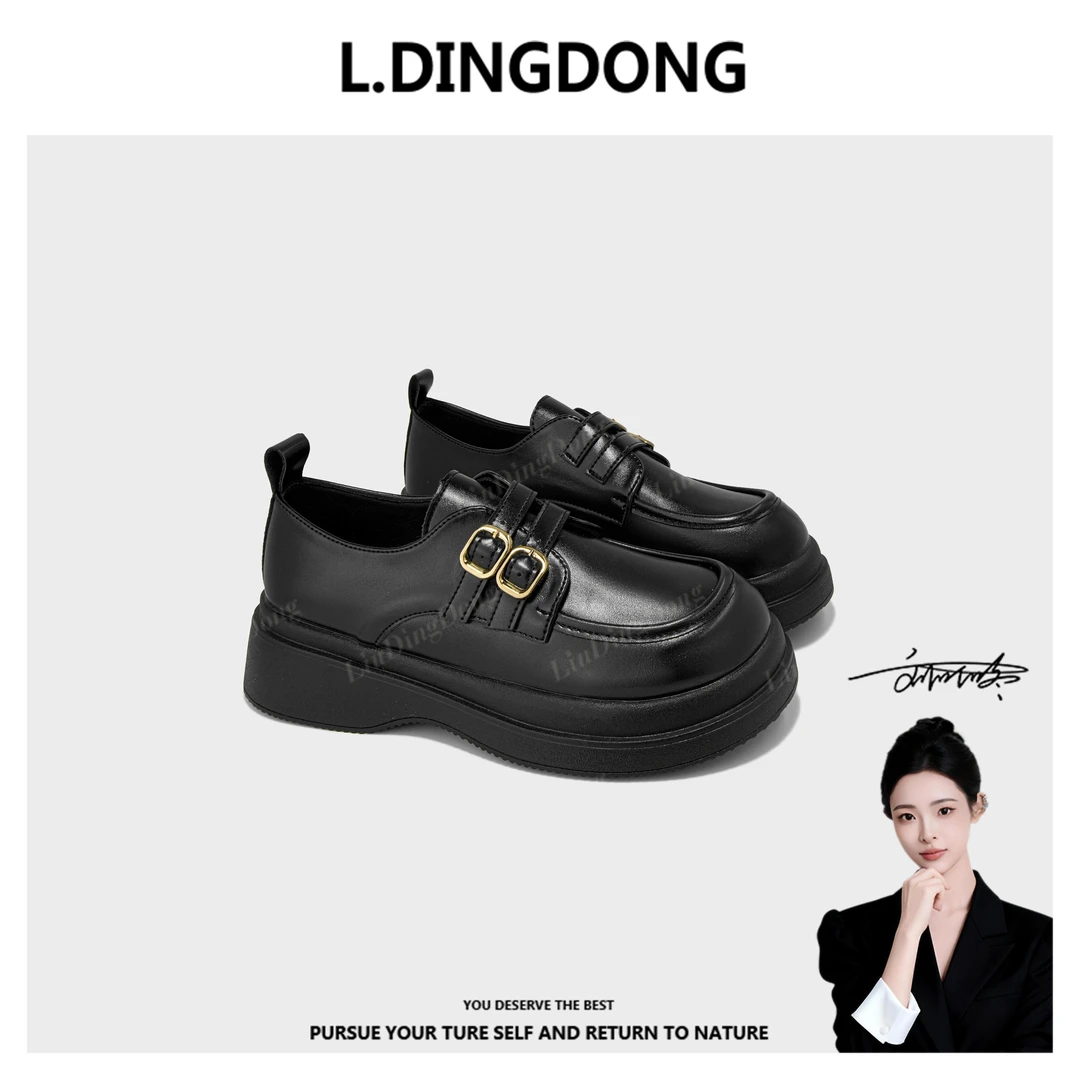 【刘叮咚女鞋】厚底中跟小皮鞋女圆头时尚2025秋冬新款法式乐福鞋