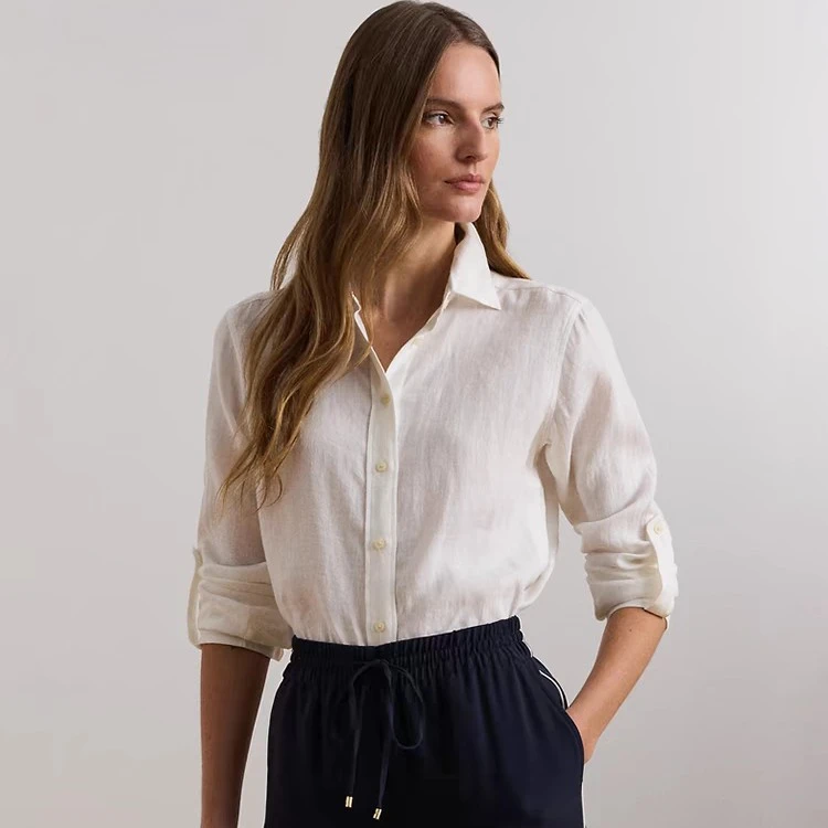 YM023  14支纯亚麻女士衬衫挽袖 超薄透气拉夫同款高智感工作休闲
