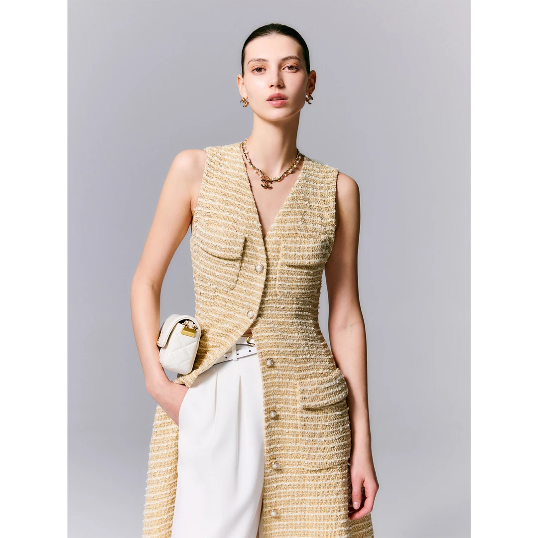 玖着“赛丽斯”法式奢美亮丝轻透花呢香风马甲式修身A摆长连衣裙