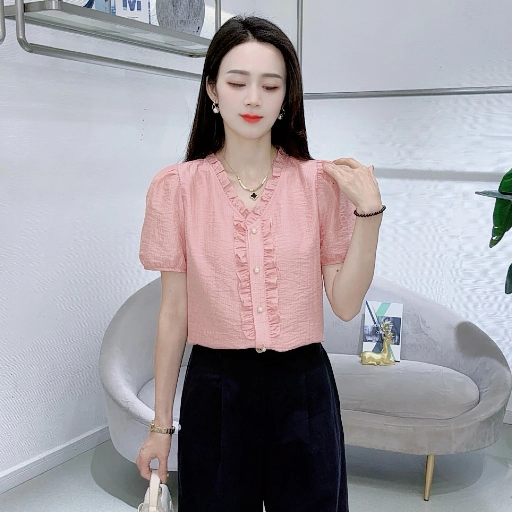 A8383法式V领短袖衬衫百搭洋气减龄时尚气质显瘦上衣