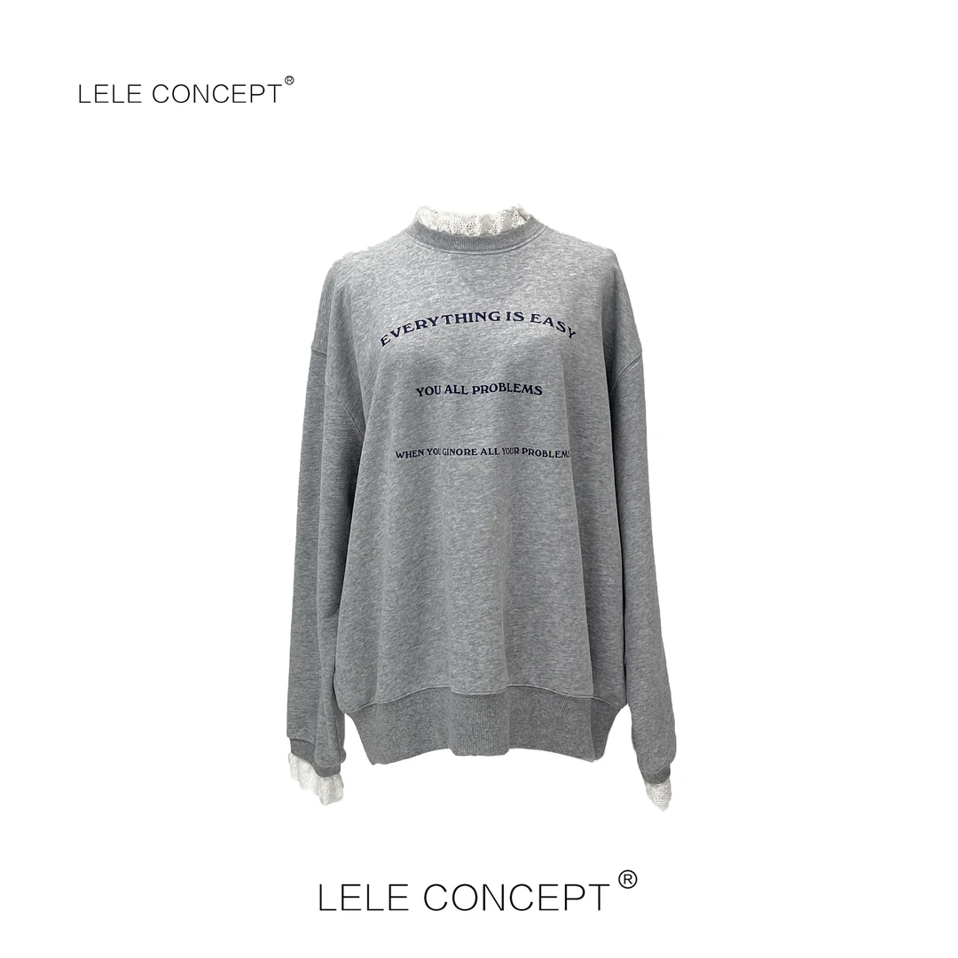 LELE CONCEPT丨高级感蕾丝边字母卫衣S0712