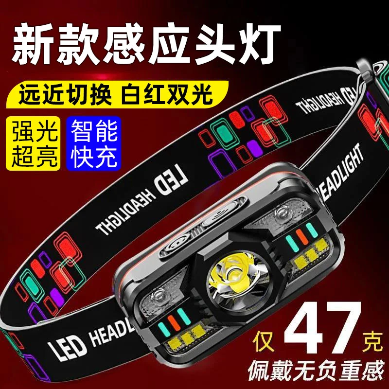新款头灯强光充电超亮户外夜钓鱼专用超长续航头戴式照明灯可感应
