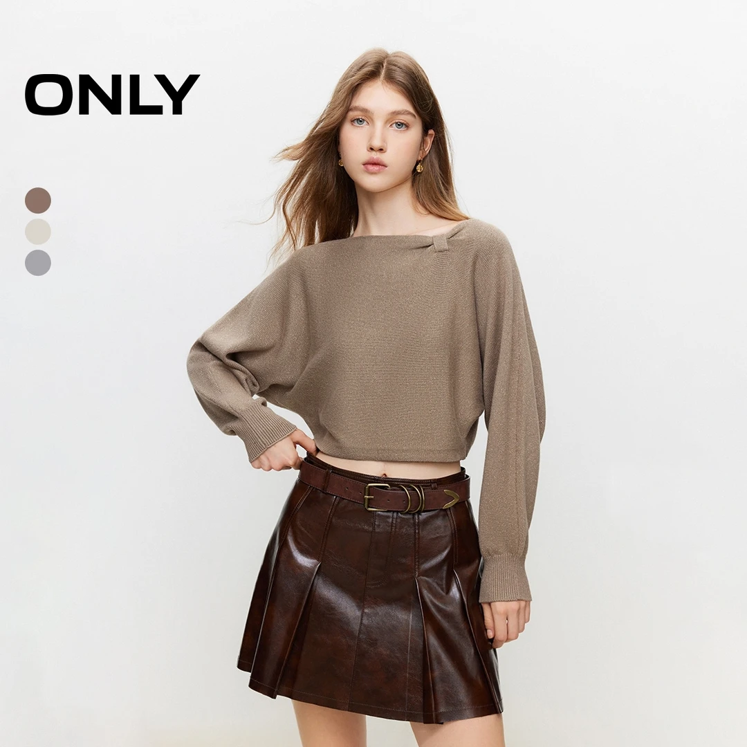 2025秋季新款简约一字领蝙蝠袖纯色短款针织衫女|125413019