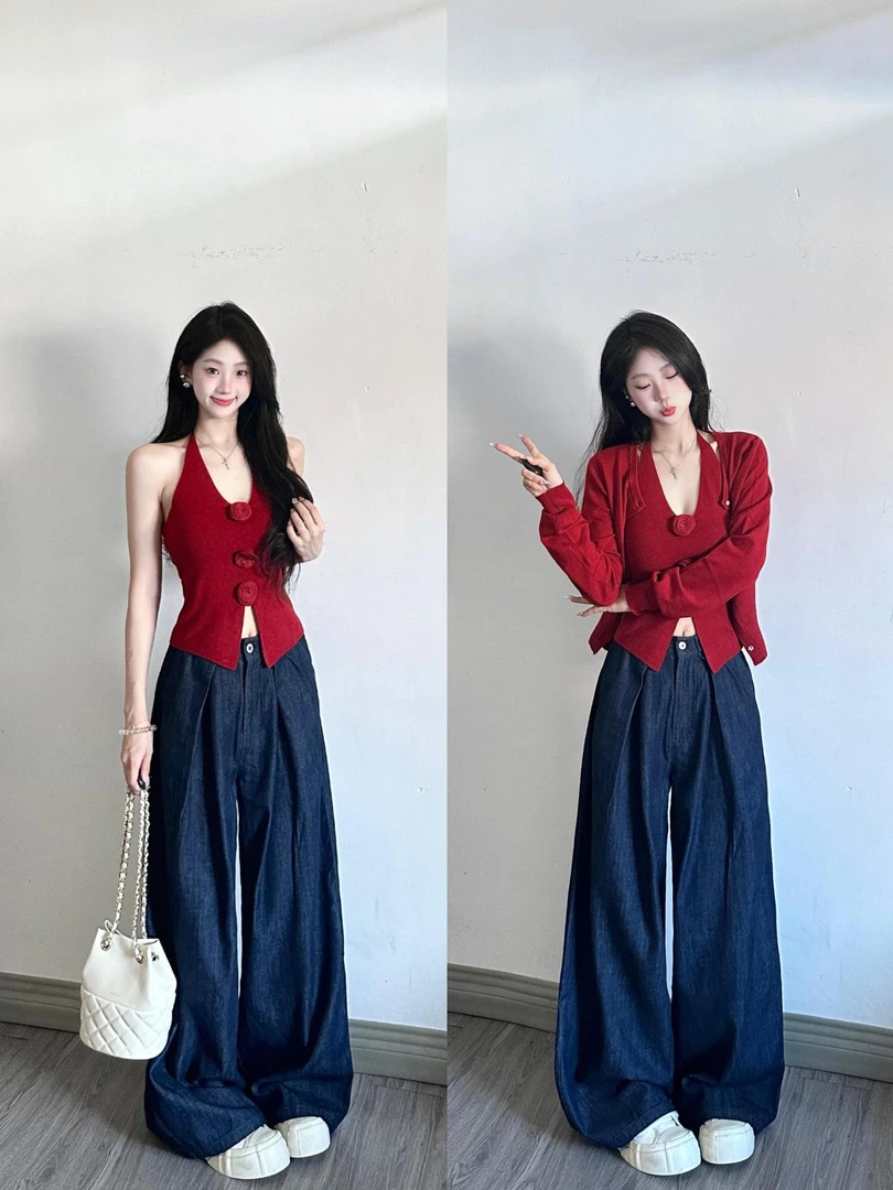 法式红色套装女秋季新款气质针织开衫花朵挂脖背心阔腿裤三件套女