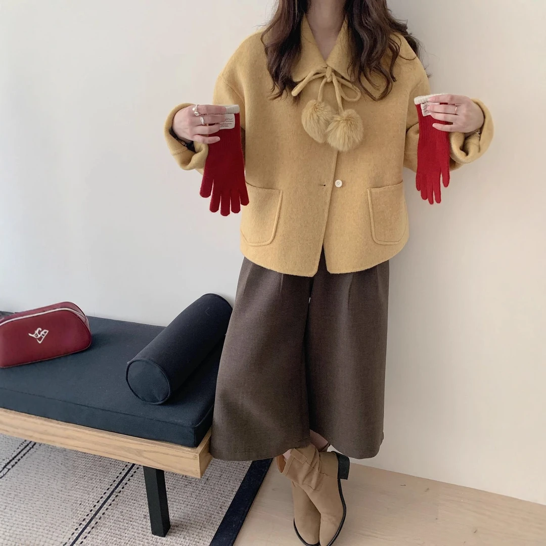 秋冬韩版小个子圆领系带毛球双面羊毛大衣女减龄百搭毛呢外套气质