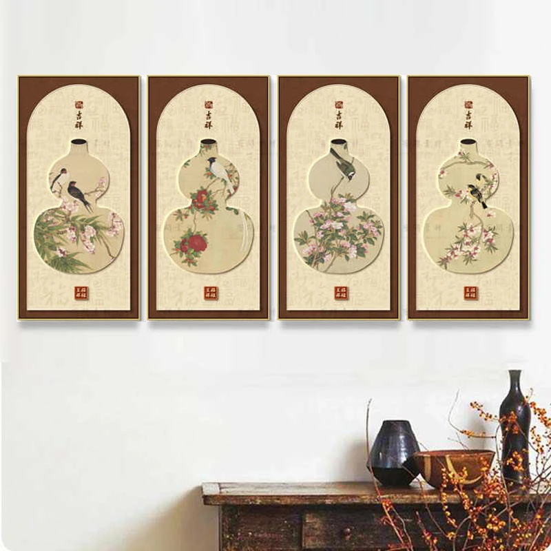 简约新中式抽象艺术高级葫芦百福肌理花鸟吉祥玄关走廊装饰画