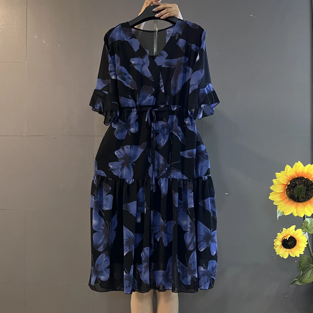 法式复古欧花中长款圆领半袖收腰显瘦气质连衣裙2413