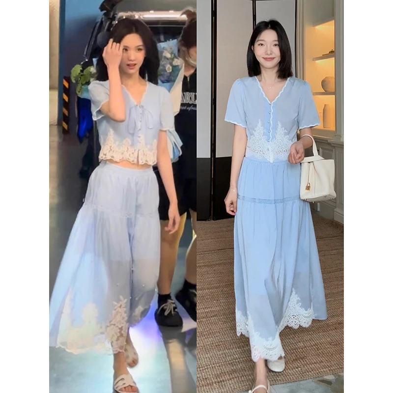 【夏末清仓现货秒发】郭九九呢 天丝短袖小衫拼接半身裙 G925A08768