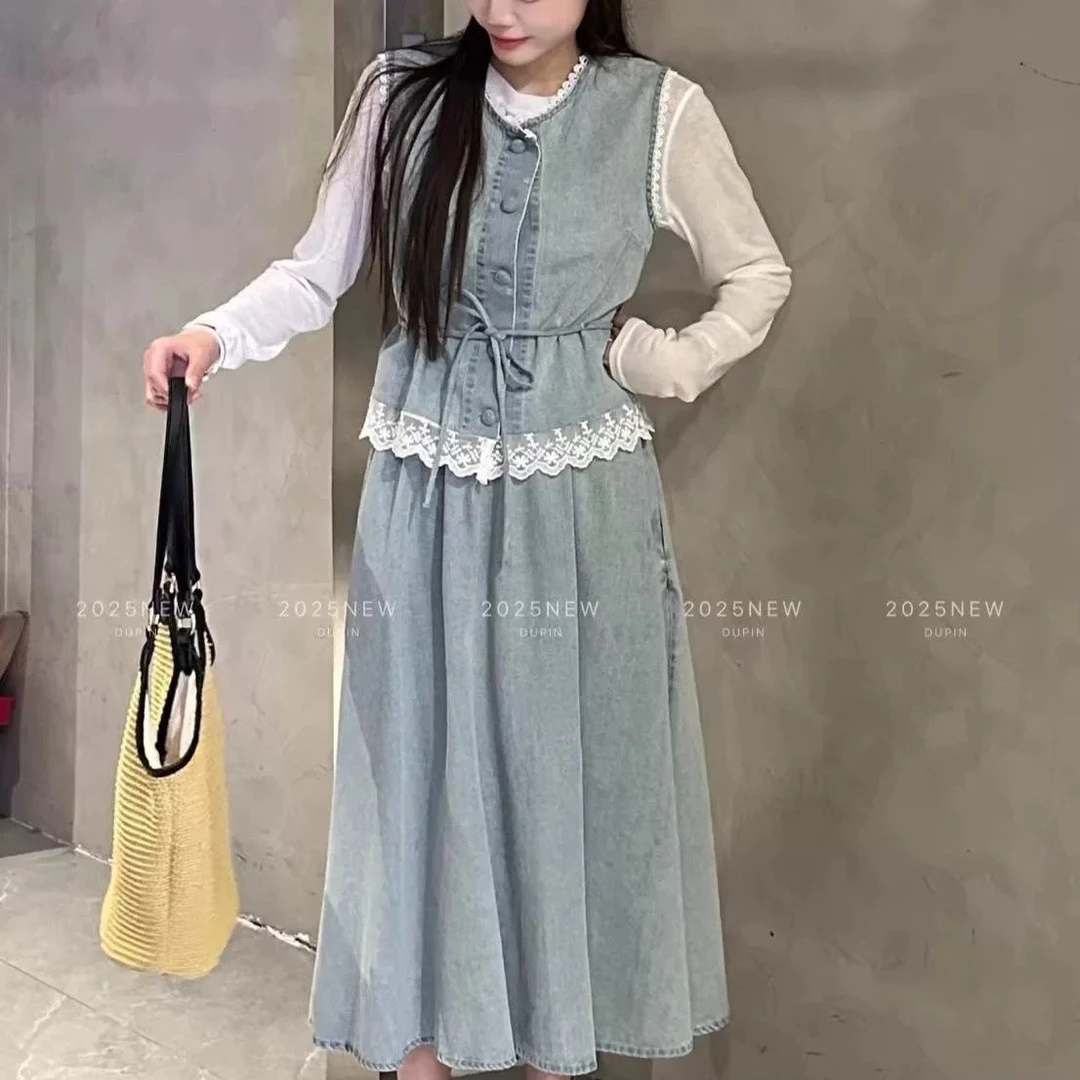 6972时尚牛仔半身裙套装女欧洲站2025夏季新款蕾丝拼接马甲三件套