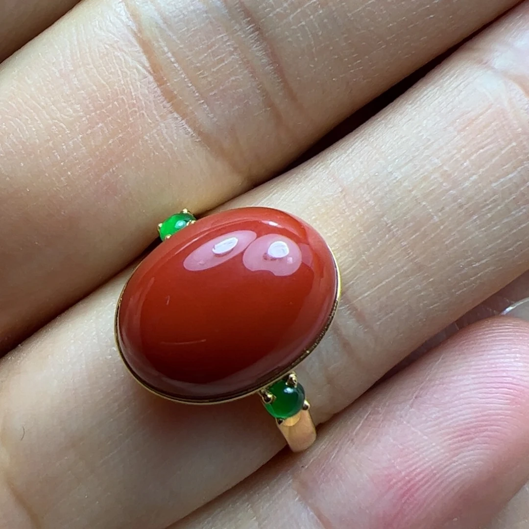 南红玛瑙戒指18K金镶嵌