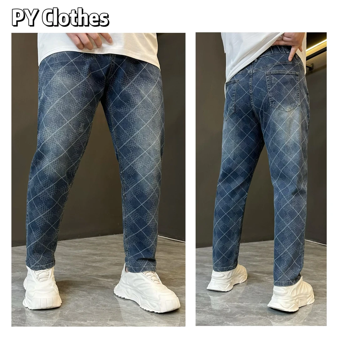 胖语大码男装 2025春季重工水洗提花渐变棋盘格潮牌牛仔裤808#F