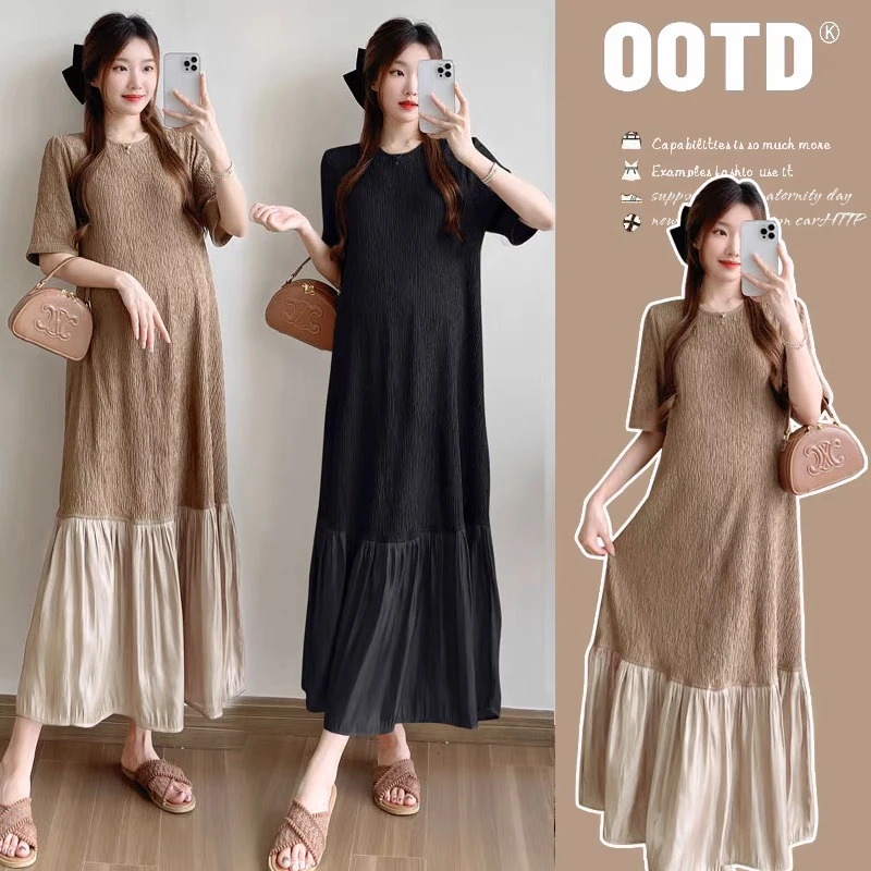 2025设计感夏季新款时尚韩版拼接连衣裙简约纯色过膝长裙夏天裙子