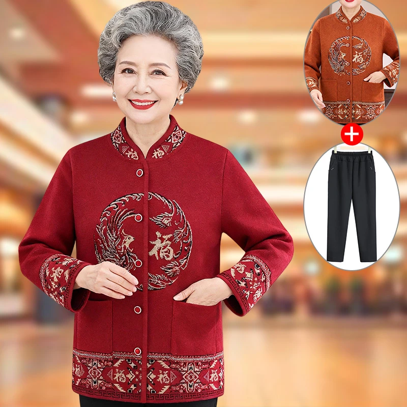 奶奶装加厚针织衫中老年人冬装女上衣妈妈秋冬加绒老人毛衣老太太