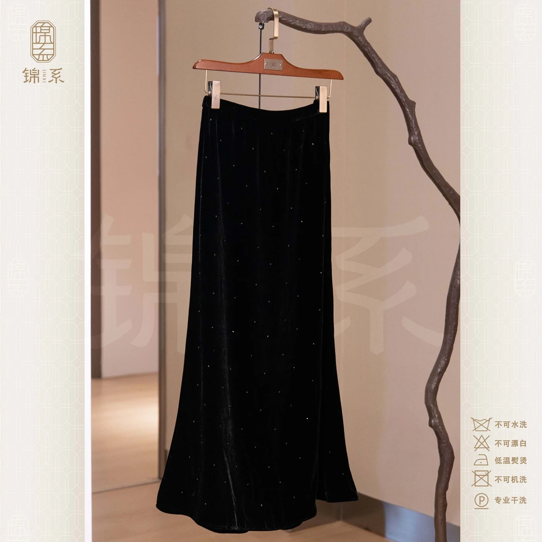 【锦系】真丝丝绒新中式国风桑蚕丝烫钻后松紧腰半裙Q-383276