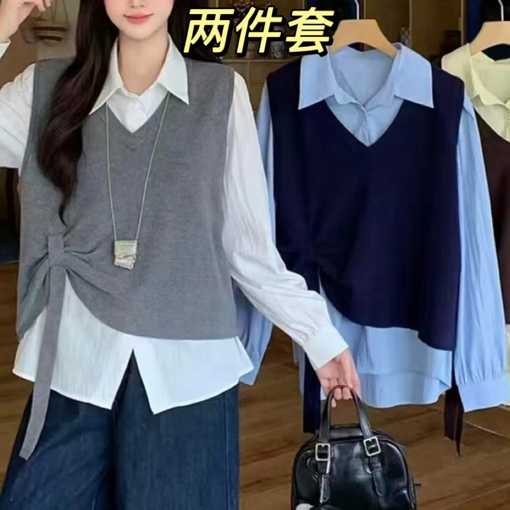 马甲两件套女2025爆款洋气上档次胖mm大码女休闲针织马甲背心衬衫