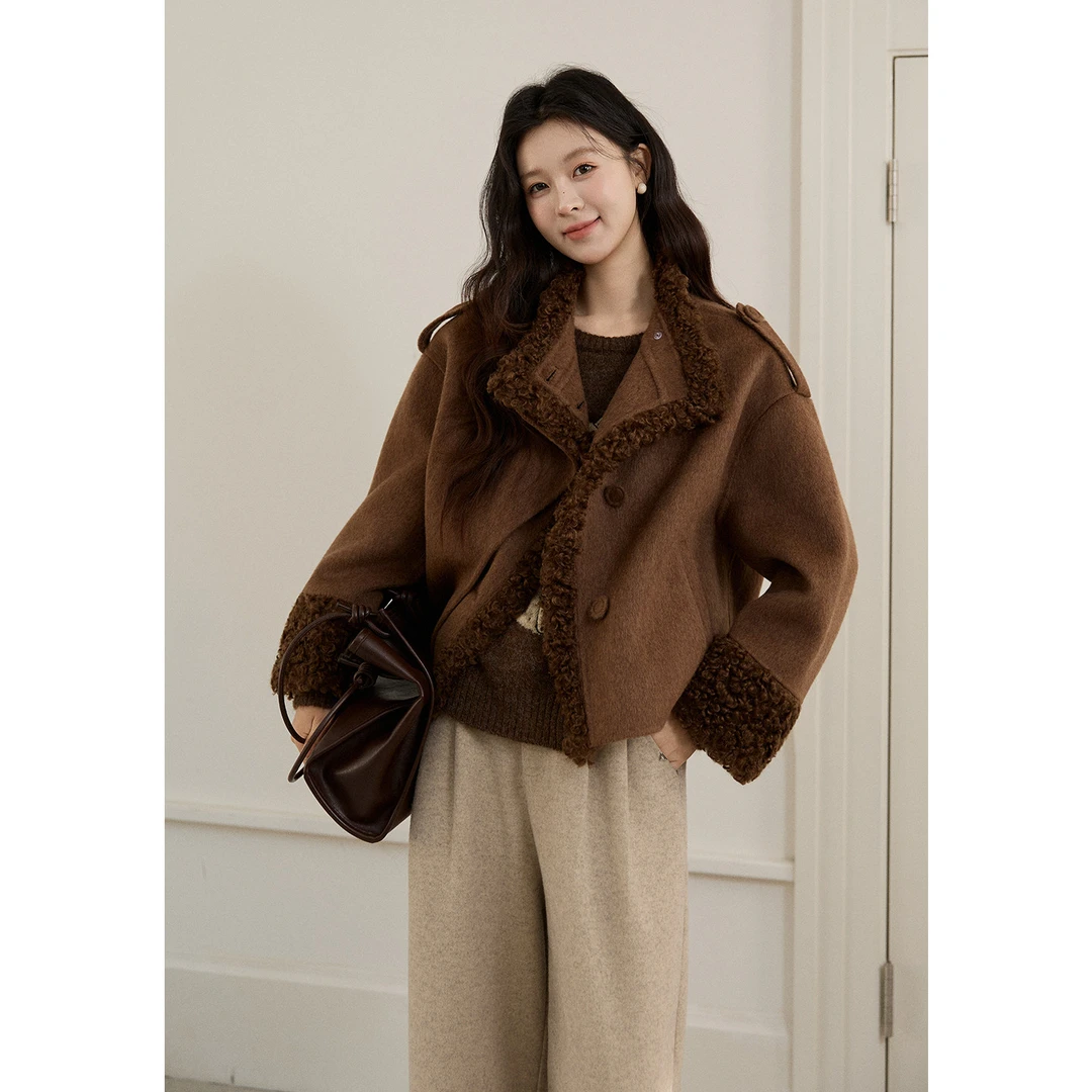谜秀[绵羊毛+骆驼绒]法式轻复古羊羔毛拼接双面呢外套大衣2025冬